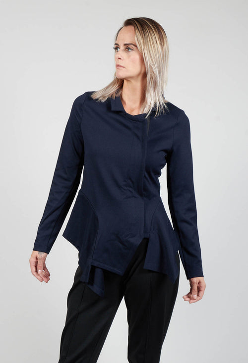 Long Sleeve Jacket with Asymmetric Peplum Hem in Dark Blue