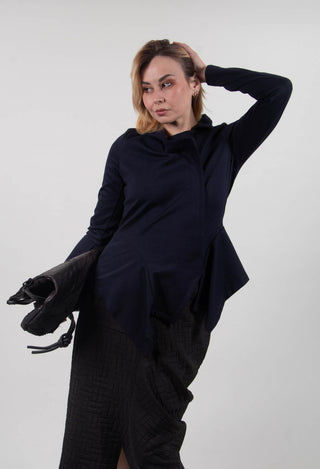 Long Sleeve Jacket with Asymmetric Peplum Hem in Dark Blue