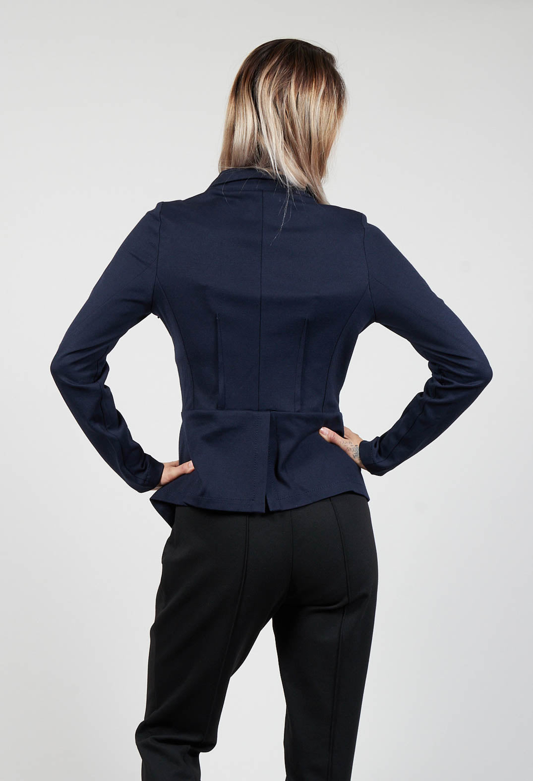 Long Sleeve Jacket with Asymmetric Peplum Hem in Dark Blue