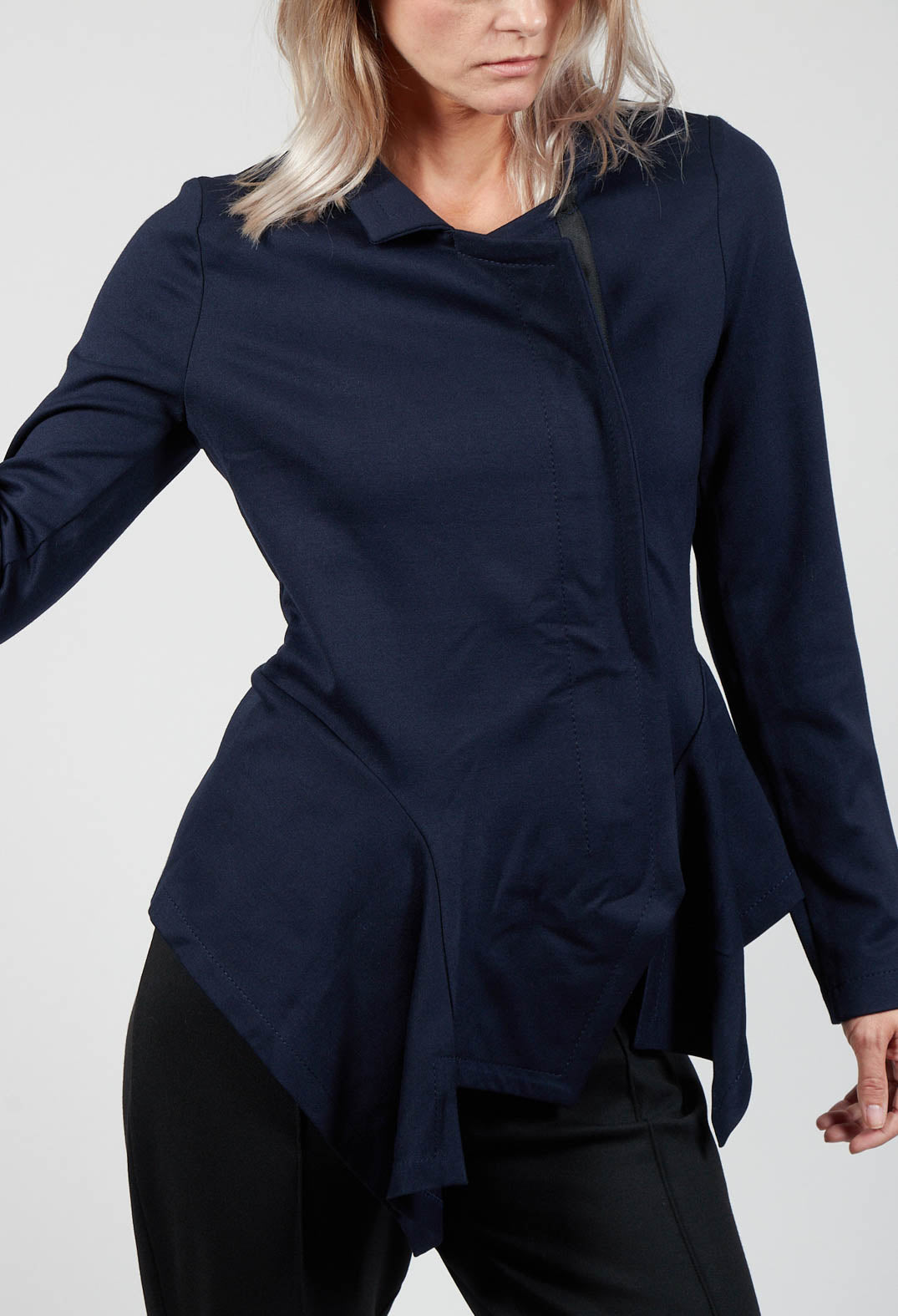Long Sleeve Jacket with Asymmetric Peplum Hem in Dark Blue