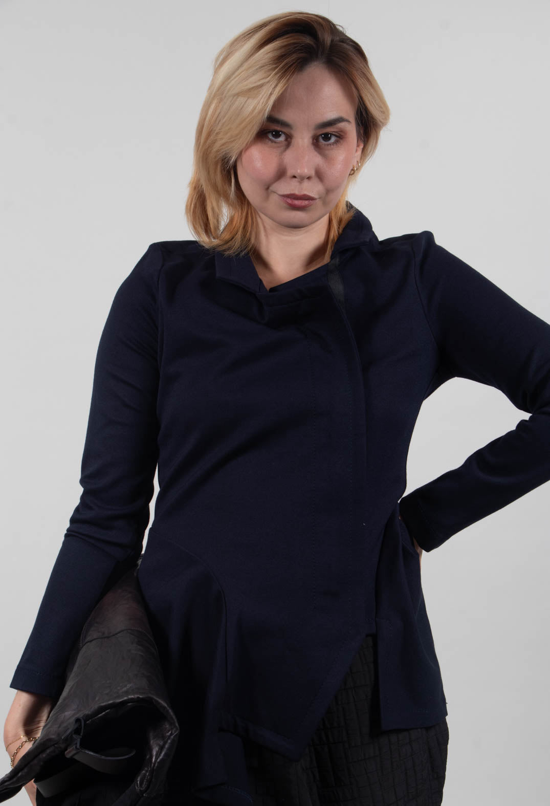 Long Sleeve Jacket with Asymmetric Peplum Hem in Dark Blue