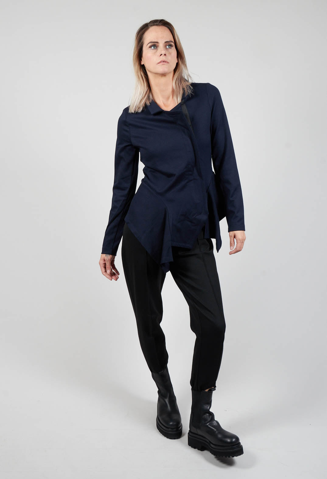 Long Sleeve Jacket with Asymmetric Peplum Hem in Dark Blue