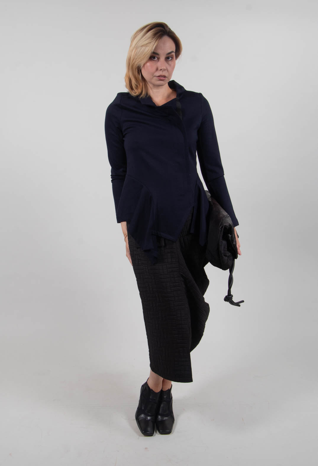 Long Sleeve Jacket with Asymmetric Peplum Hem in Dark Blue