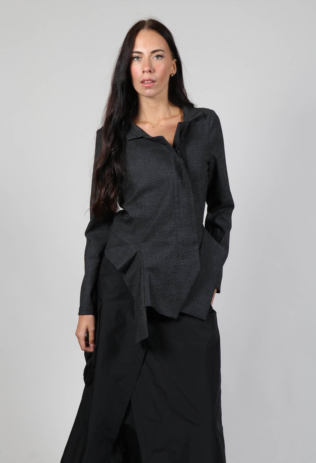 Asymmetric Hem Jacket with Grey Black Print