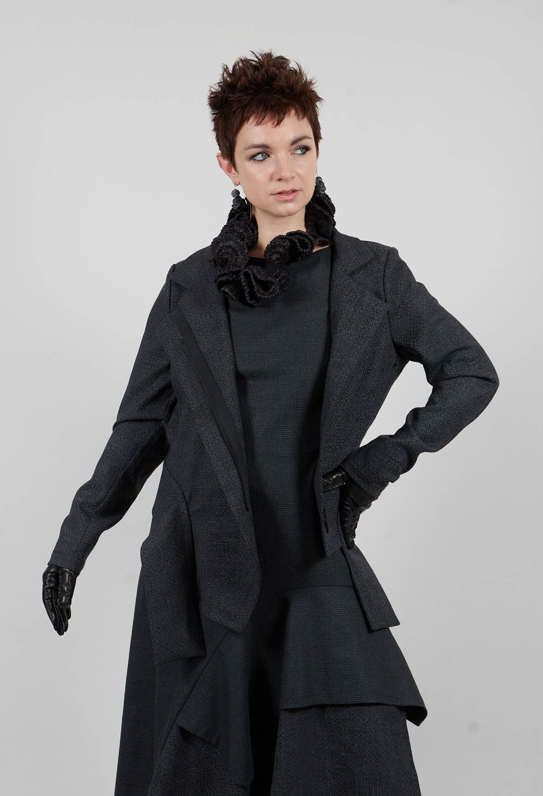 Asymmetric Hem Jacket with Grey Black Print