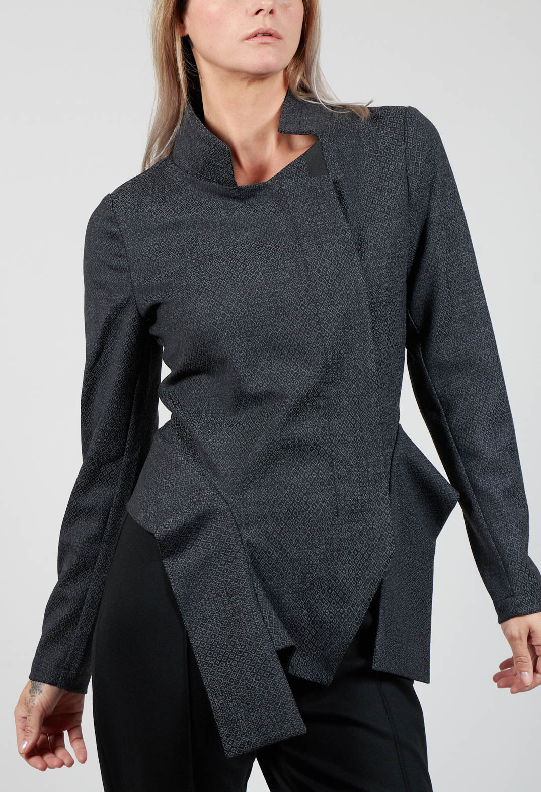 Asymmetric Hem Jacket with Grey Black Print