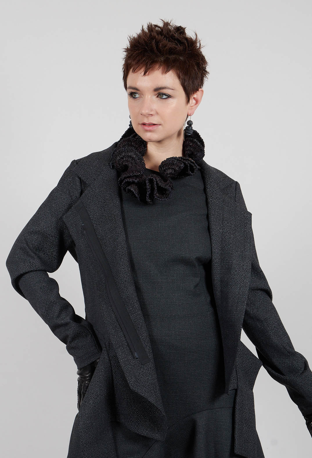 Asymmetric Hem Jacket with Grey Black Print