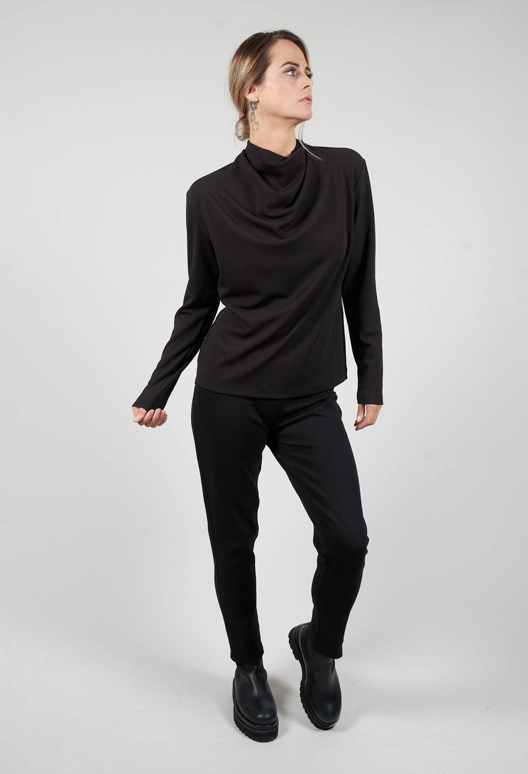 Draped Neck Top with Long Sleeves in Dark Grey
