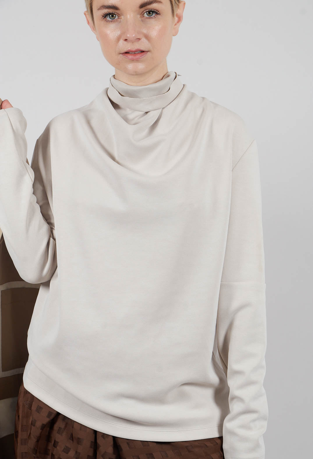 Draped Neck Top with Long Sleeves in Off White