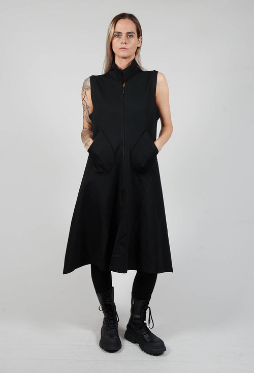 Sleeveless A Line Dress with Front Zip in Black