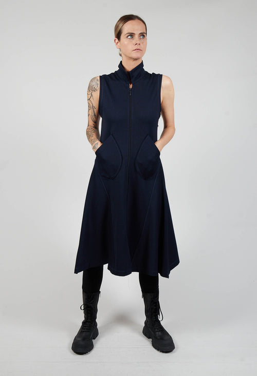 Sleeveless A Line Dress with Front Zip in Dark Blue