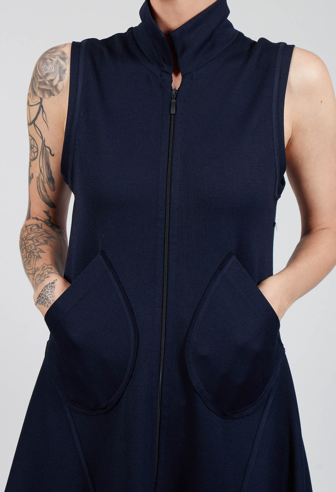 Sleeveless A Line Dress with Front Zip in Dark Blue
