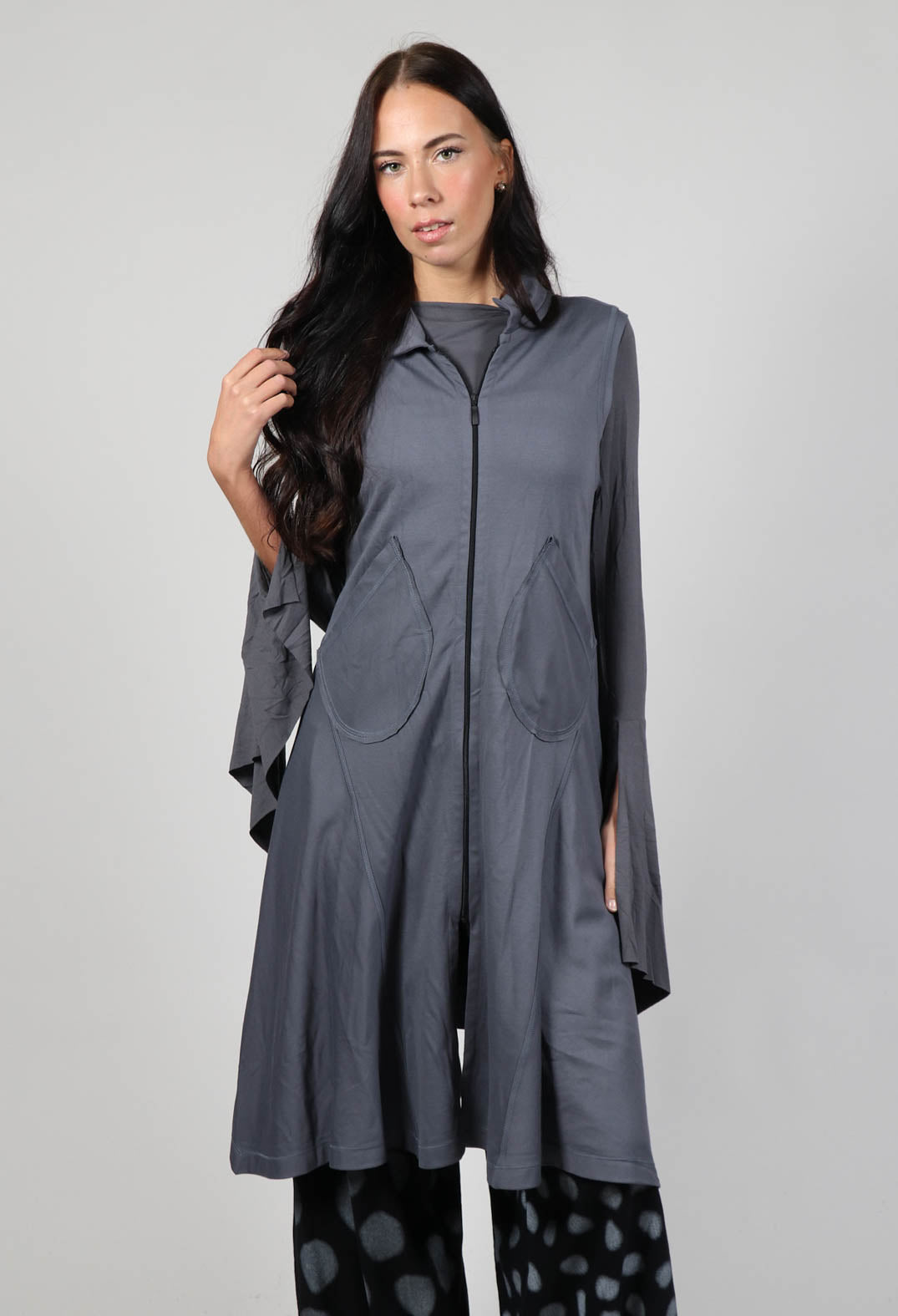 Sleeveless A Line Dress with Front Zip in Grey