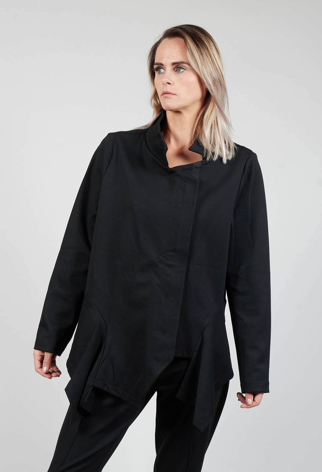 Long Sleeve Jacket with Asymmetric Peplum Hem in Black
