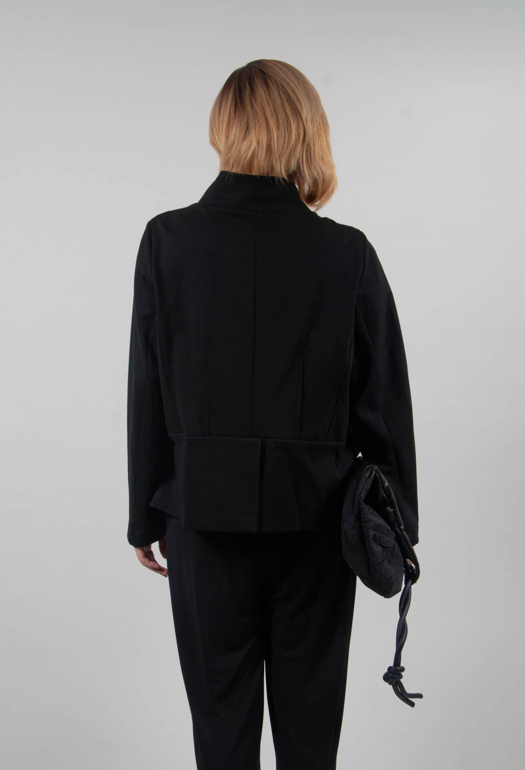 Long Sleeve Jacket with Asymmetric Peplum Hem in Black