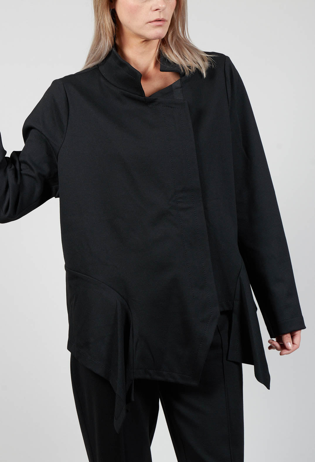 Long Sleeve Jacket with Asymmetric Peplum Hem in Black