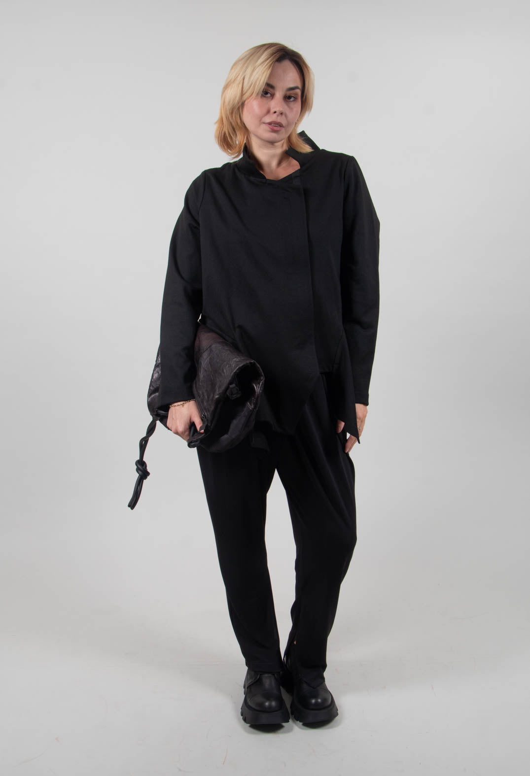 Long Sleeve Jacket with Asymmetric Peplum Hem in Black