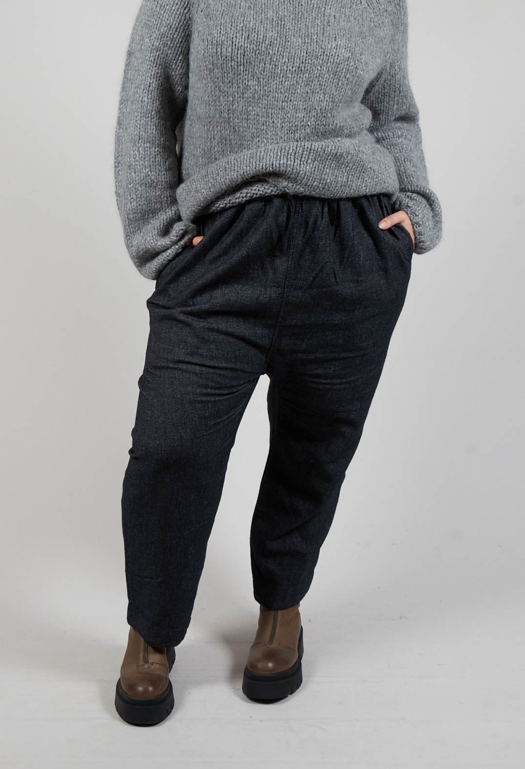 Denim Style Trousers with Elasticated Waist in Black