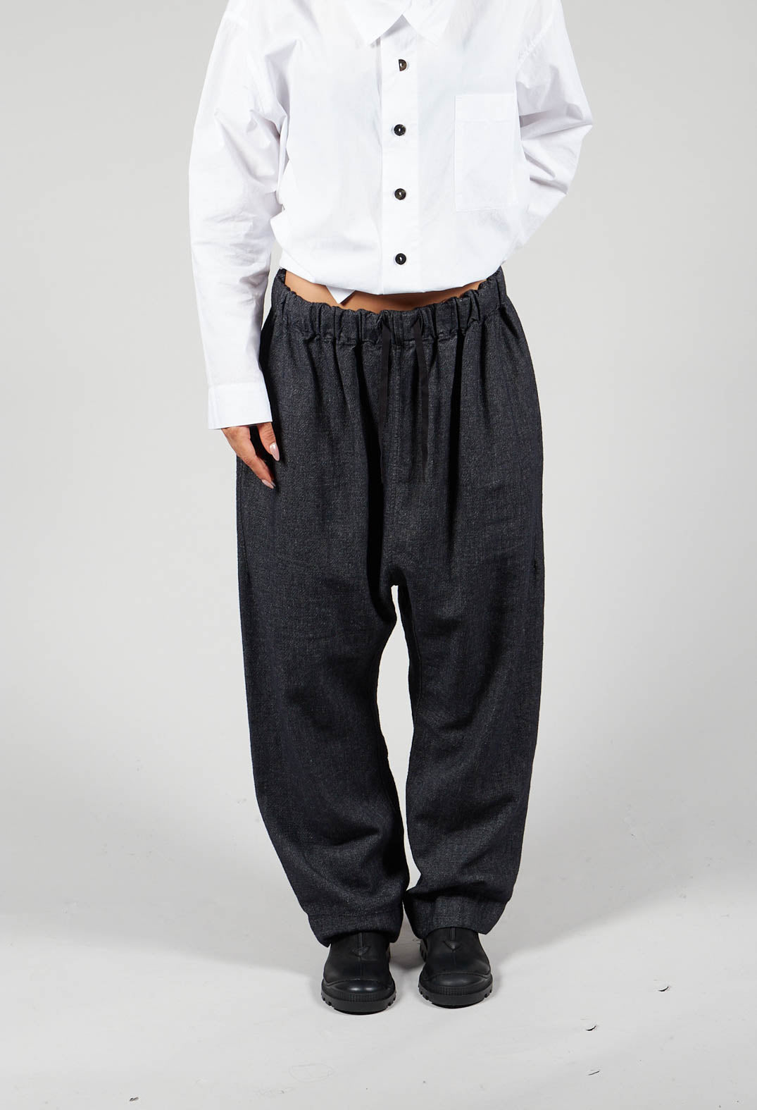 Denim Style Trousers with Elasticated Waist in Black