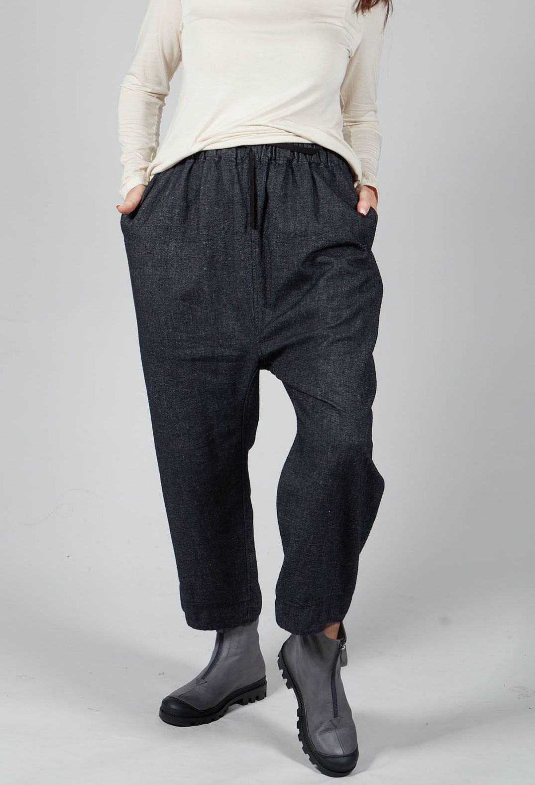 Denim Style Trousers with Elasticated Waist in Black