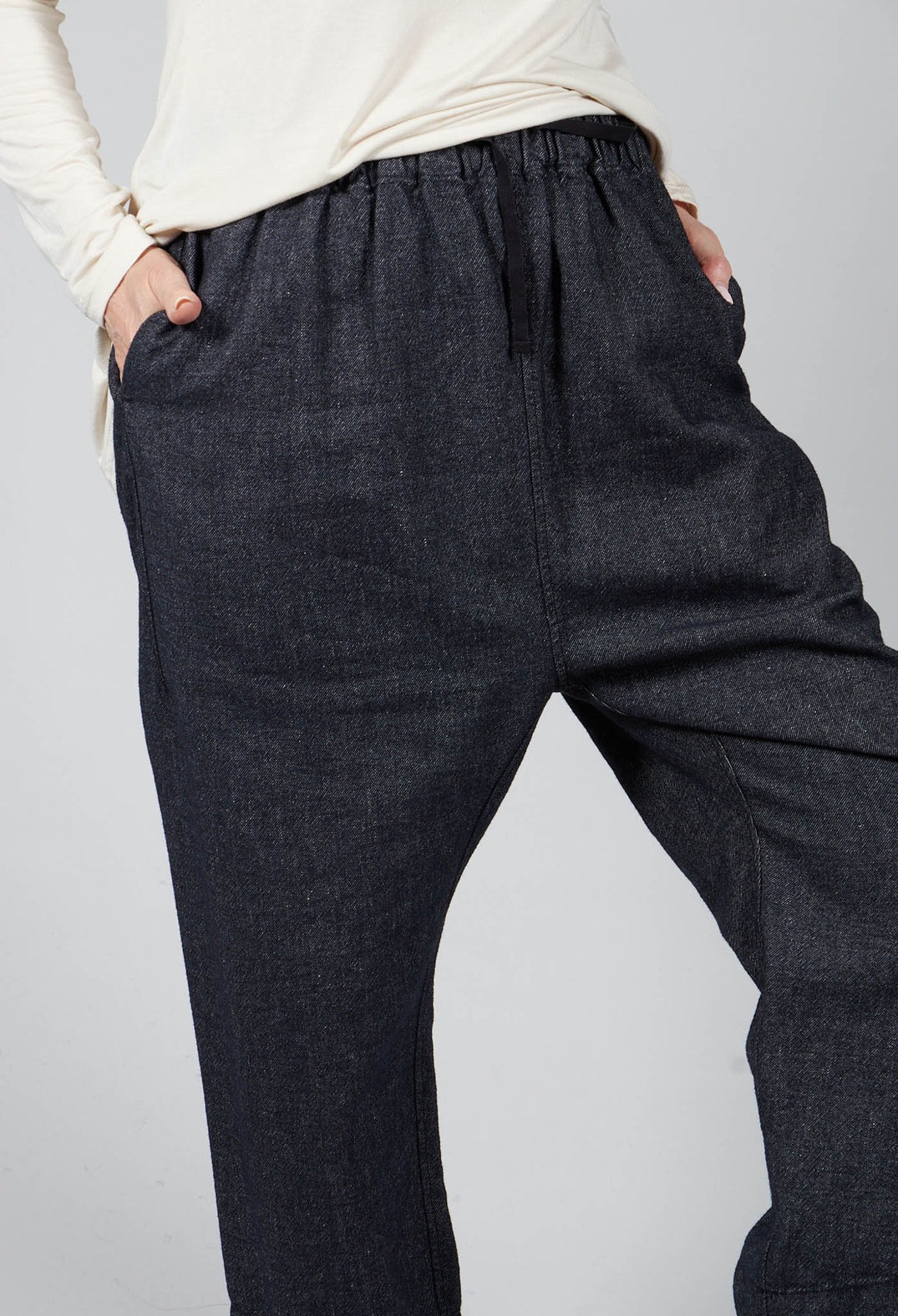 Denim Style Trousers with Elasticated Waist in Black