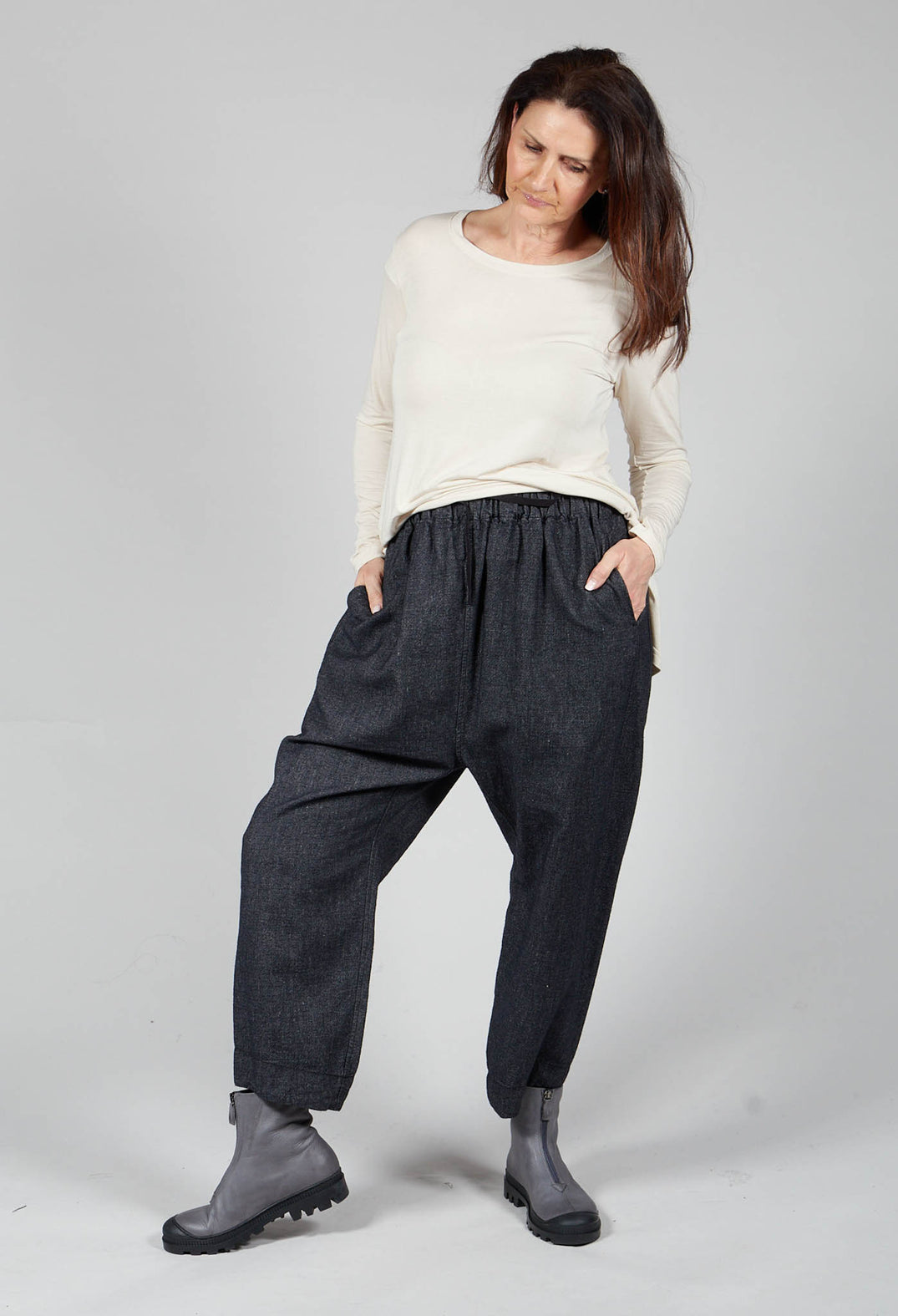 Denim Style Trousers with Elasticated Waist in Black