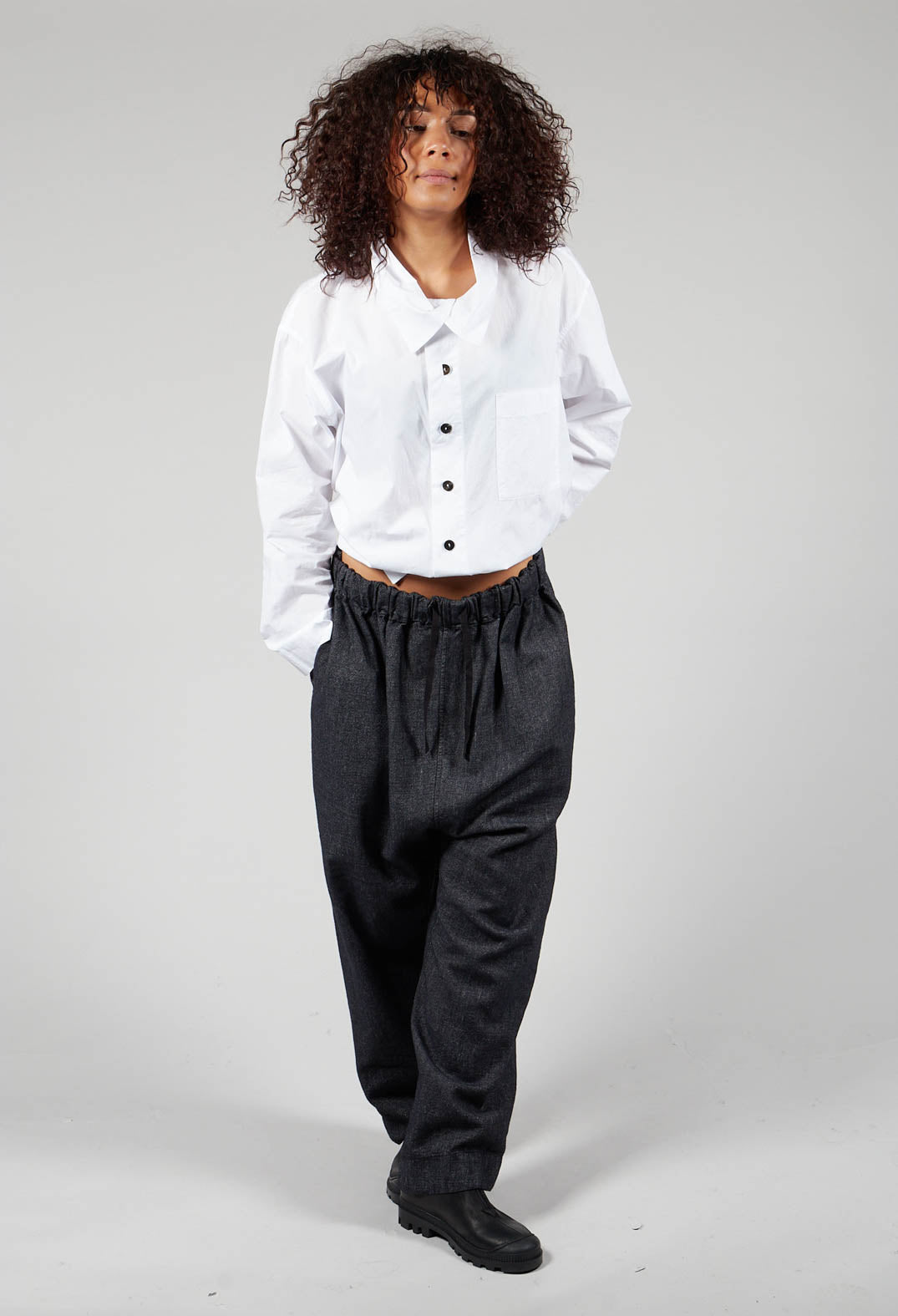 Denim Style Trousers with Elasticated Waist in Black