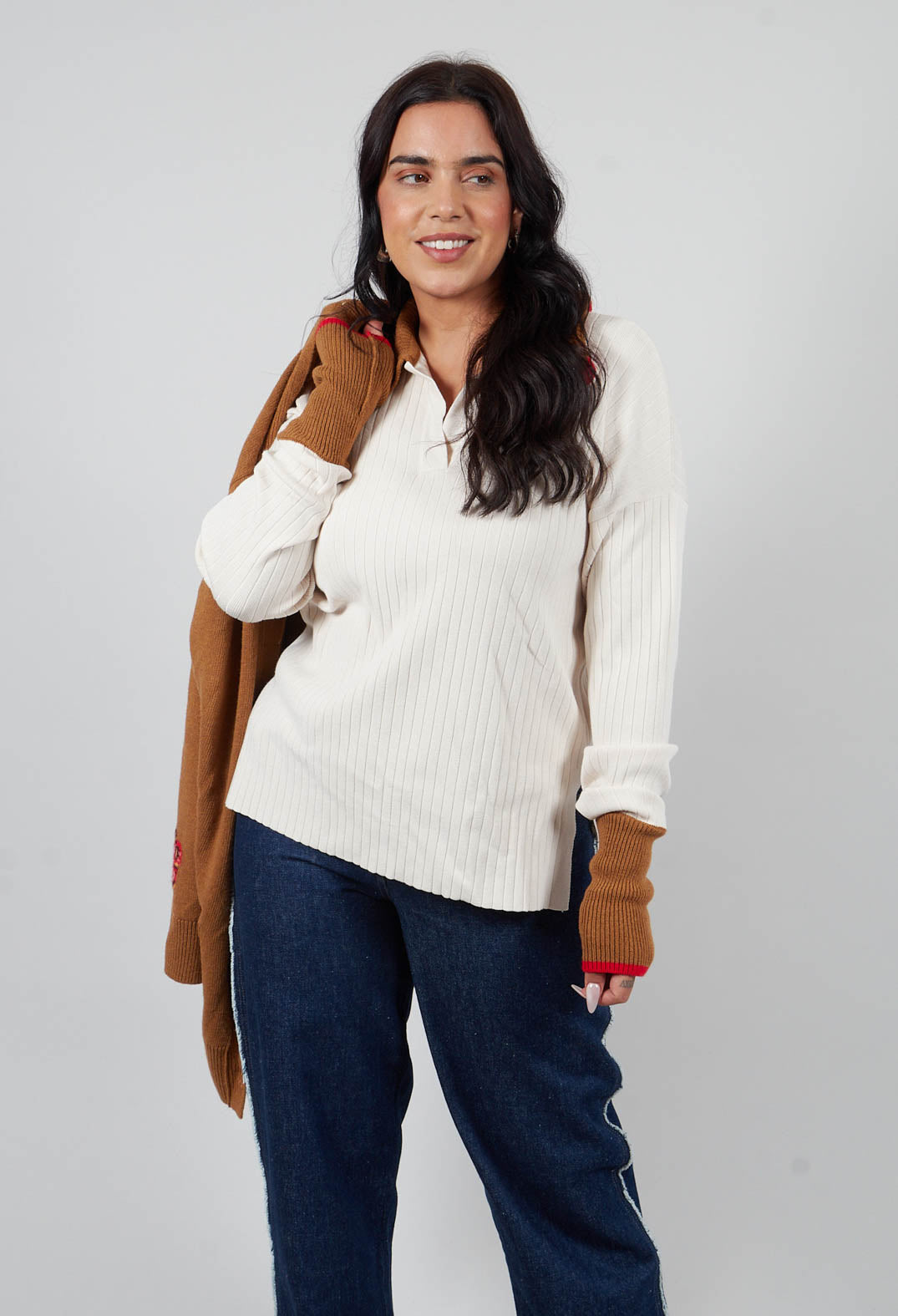 Knitted Collar V Neck Loose Fit Jumper in Biege