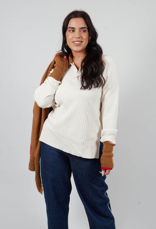 Knitted Collar V Neck Loose Fit Jumper in Biege