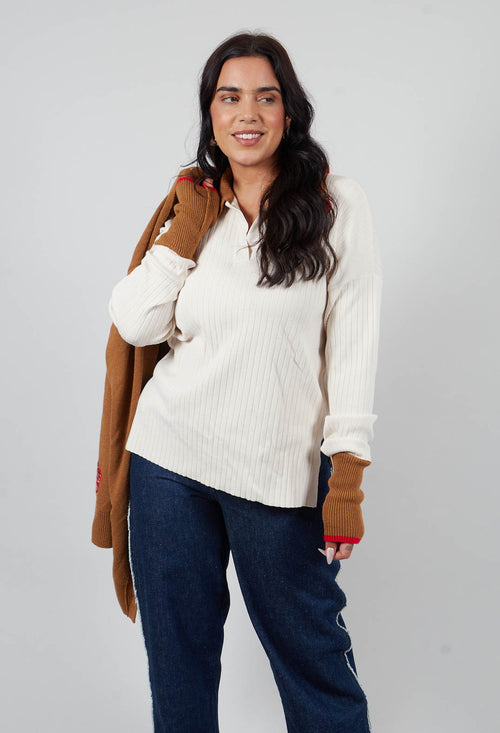 Knitted Collar V Neck Loose Fit Jumper in Biege