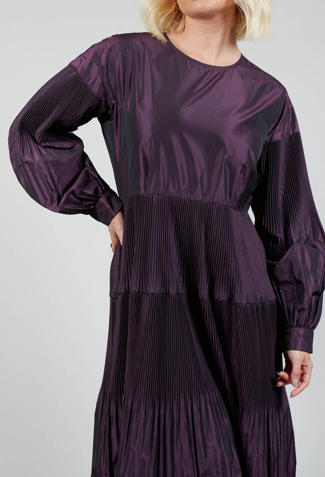Taffeta Dress with Pleated Sleeves in Purple