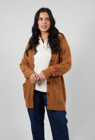 Blended Cashmere Cardigan with Embroidery Detail in Brown