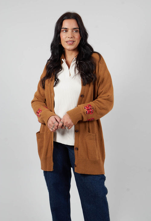 Blended Cashmere Cardigan with Embroidery Detail in Brown