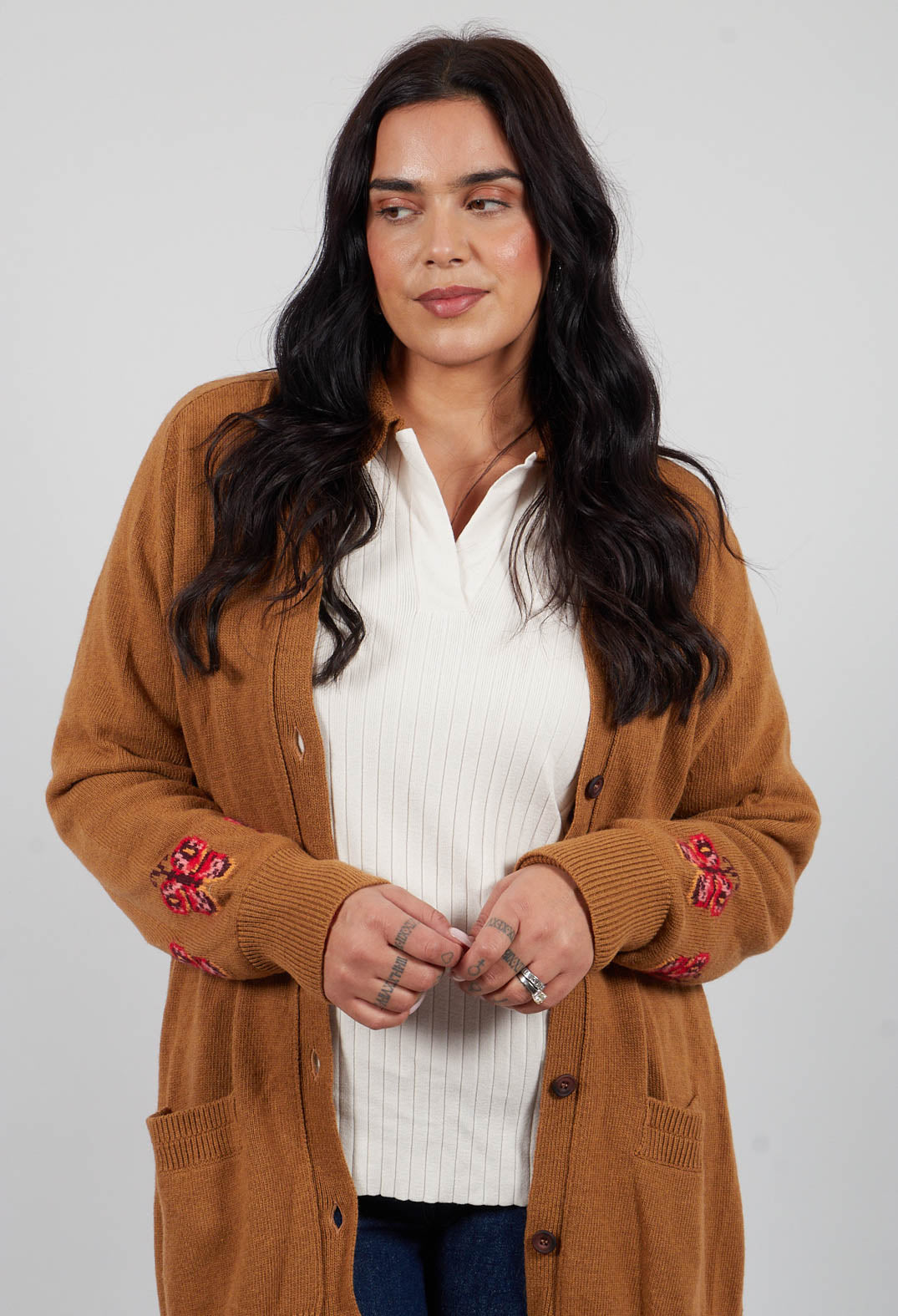 Blended Cashmere Cardigan with Embroidery Detail in Brown