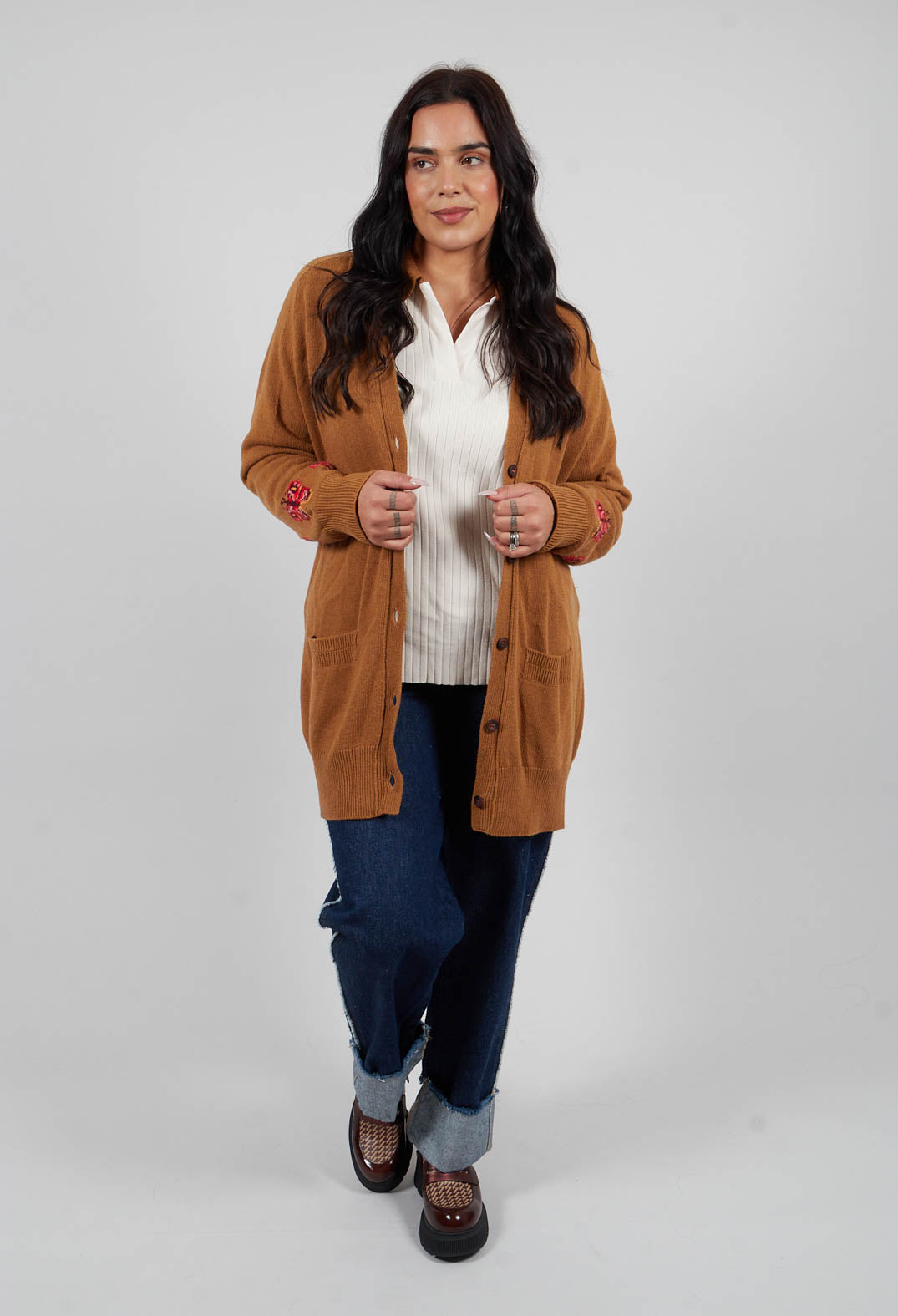 Blended Cashmere Cardigan with Embroidery Detail in Brown