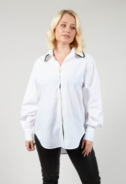 Poplin Cotton Shirt with Knitted Collar in White