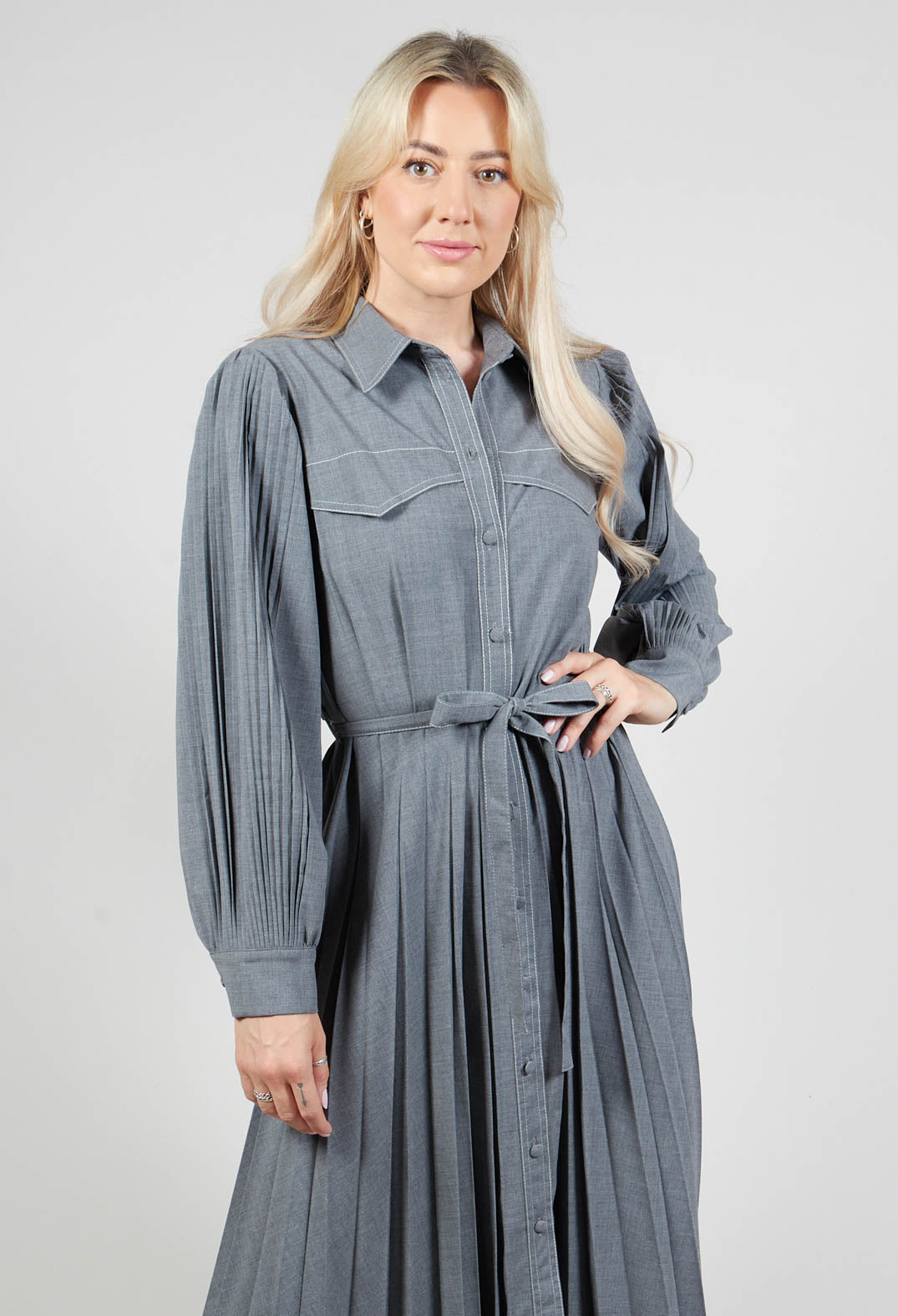 Pleated Shirt Dress with Long Sleeves in Grey