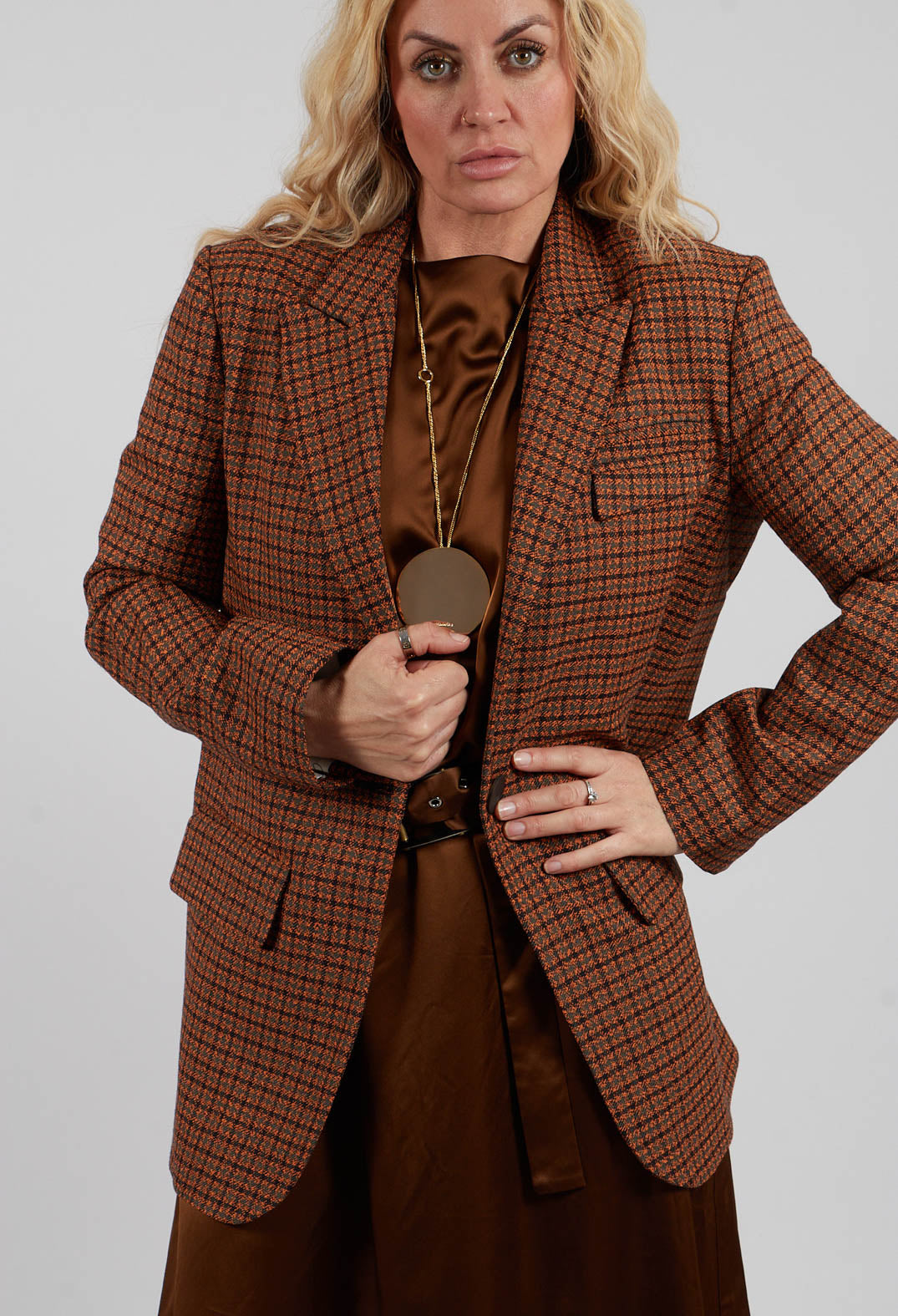 Single-Breasted Houndstooth Jacket in Orange Print