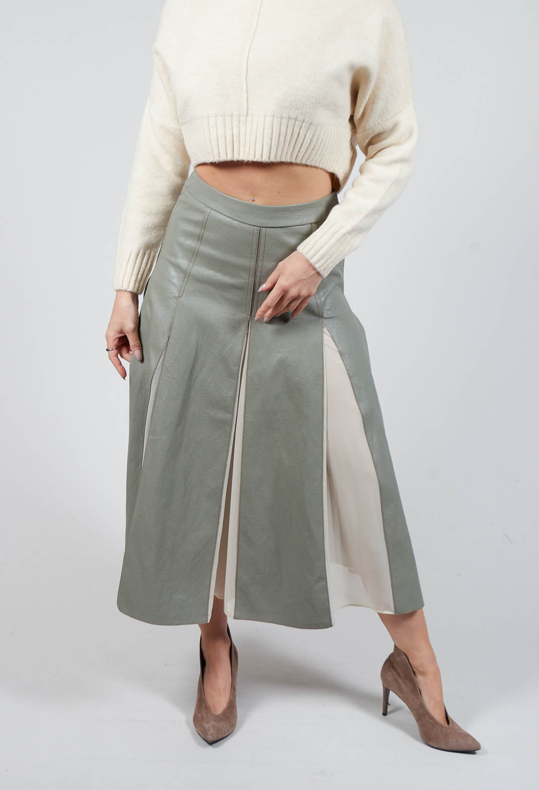 Faux Leather Georgette Skirt in Green