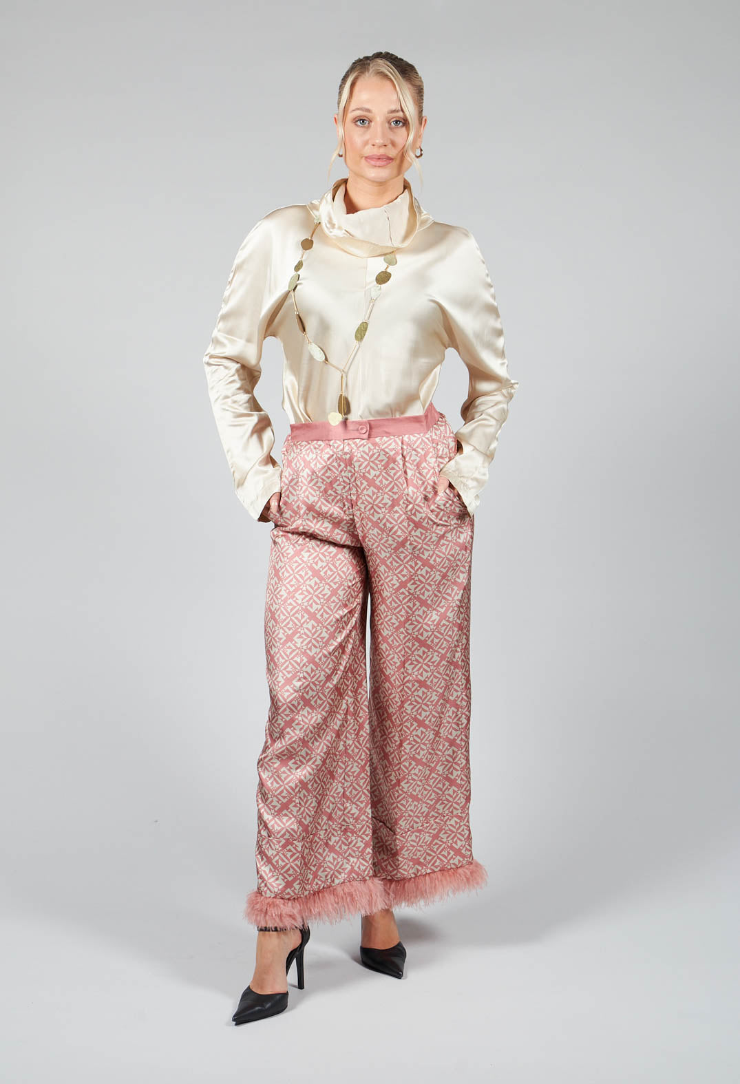 Silk Twill Trousers in Pink Geometric Print
