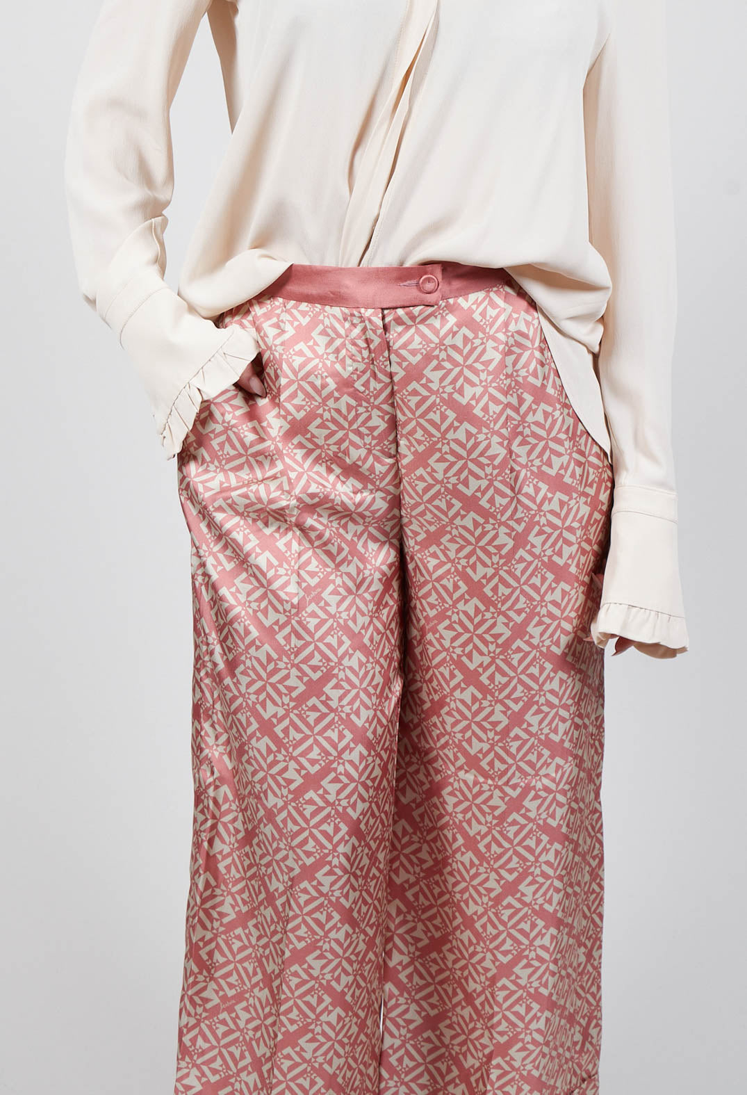 Silk Twill Trousers in Pink Geometric Print