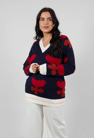 V Neck Pull with Tulip Pattern in Red and Navy