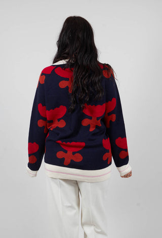 V Neck Pull with Tulip Pattern in Red and Navy