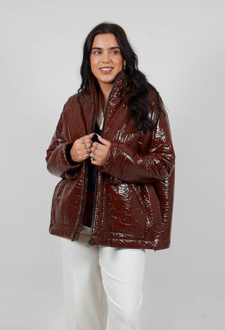 Short A Line Jacket with Hood in Glossy Mahony