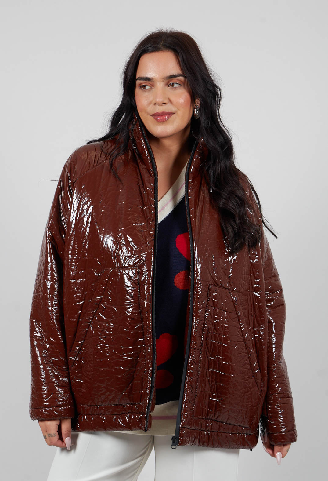 Short A Line Jacket with Hood in Glossy Mahony