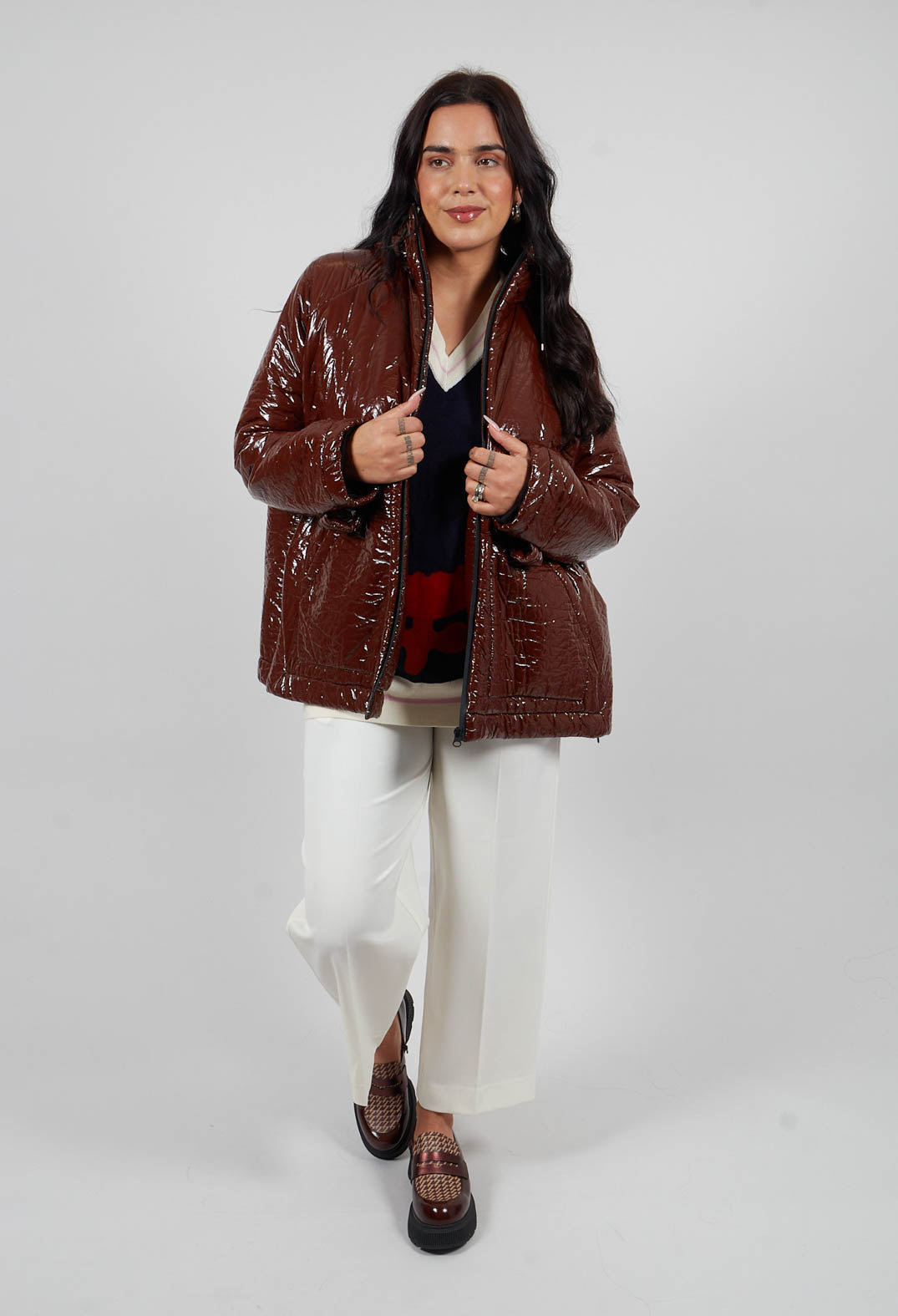 Short A Line Jacket with Hood in Glossy Mahony