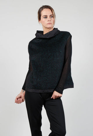 Wool Vest with Contrasting Cowl Neck in Black Dark Green