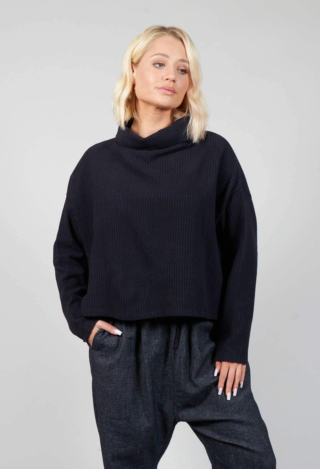 Roll Neck Long Sleeve Jumper in Navy with Black Spots