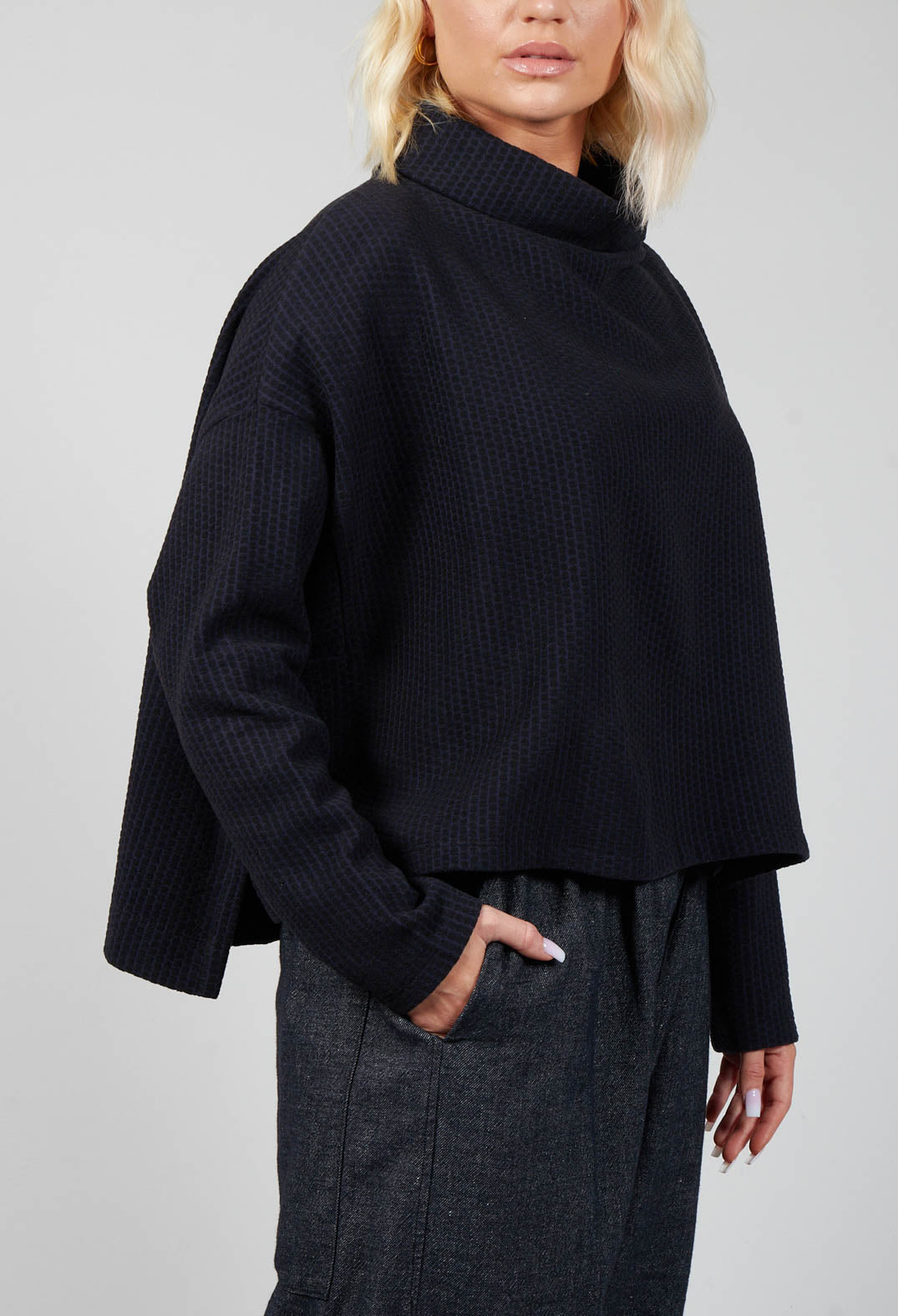 Roll Neck Long Sleeve Jumper in Navy with Black Spots
