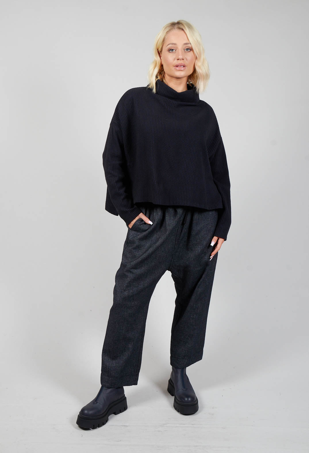 Roll Neck Long Sleeve Jumper in Navy with Black Spots